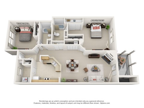 A 3D floor plan of a house with a living room, kitchen, dining room, and bedrooms.